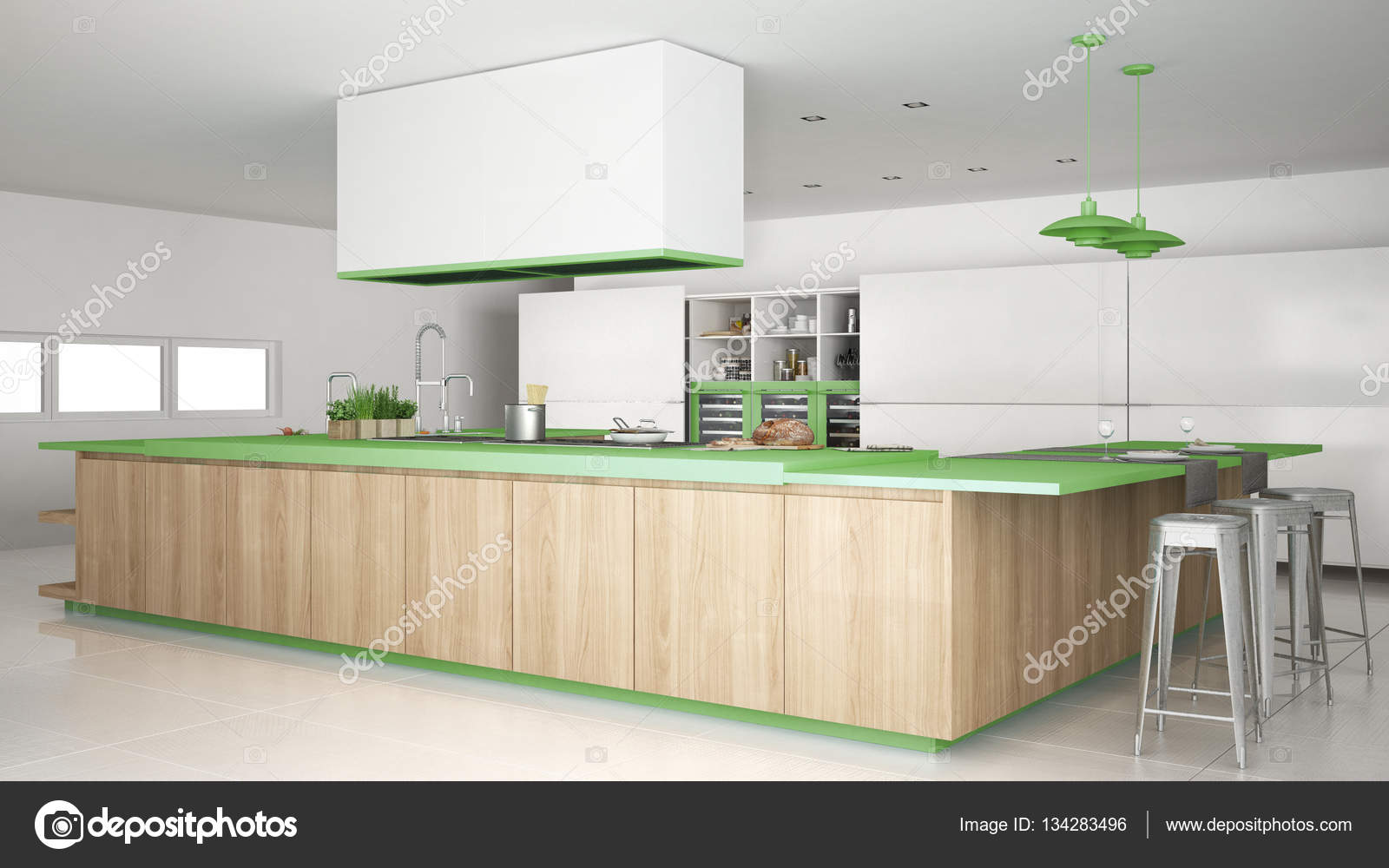 Minimalistische weiße Küche mit Holz- und grünen Details, minima ... Minimalistische weiße Küche mit Holz- und grünen Details, minima ...