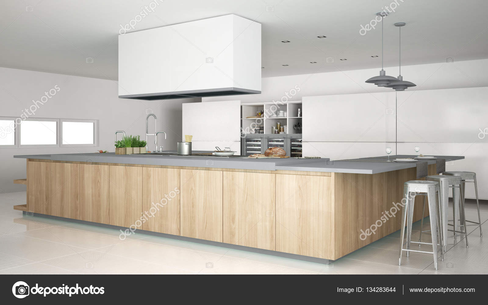 Minimalistische weiße Küche mit Holz- und grauen Details, minimal ... Minimalistische weiße Küche mit Holz- und grauen Details, minimal ...