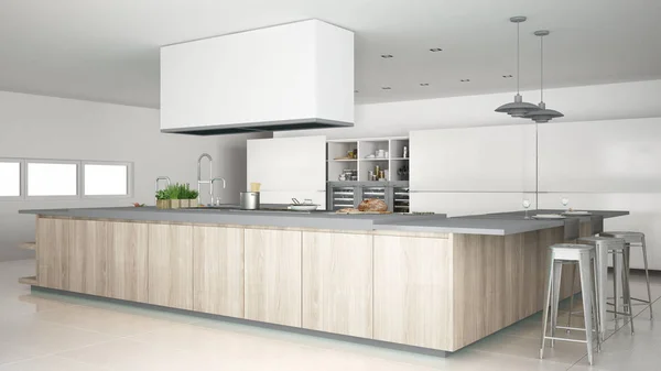 Cucina minimalista bianca con dettagli in legno e grigio, minimale — Foto Stock