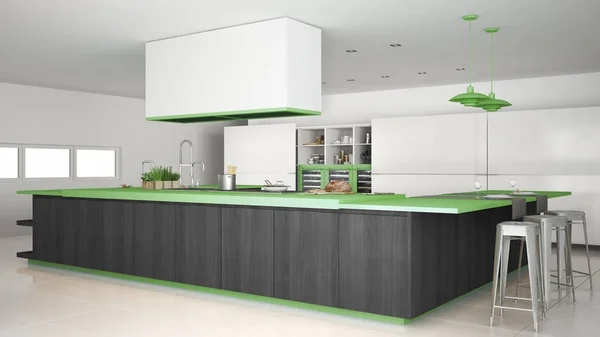 Cucina minimalista bianca con dettagli in legno e verde, minimi — Foto Stock