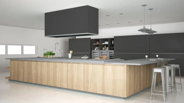 Cucina minimalista grigia con dettagli in legno e grigio, minimale — Foto Stock