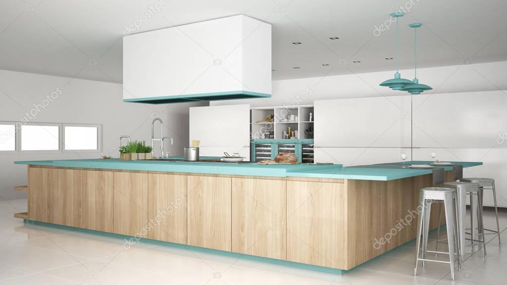 Minimalistic white kitchen with wooden and turquoise details, mi