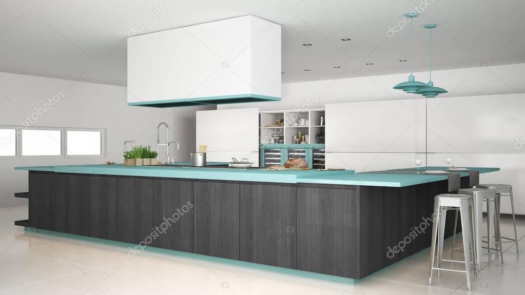 Minimalistic white kitchen with wooden and turquoise details, mi