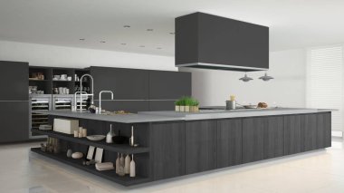 Ahşap ve gri ayrıntıları, en az ile minimalist gri mutfak 