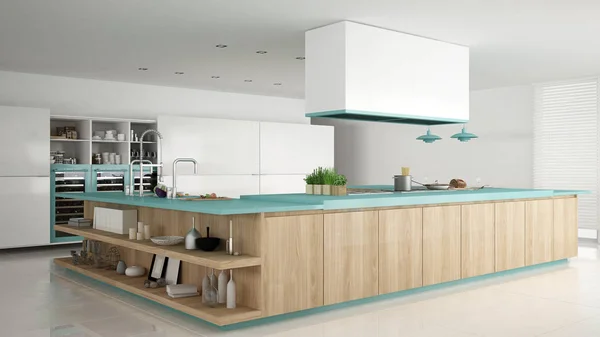 Minimalista cocina blanca con detalles de madera y turquesa, mi — Foto de Stock