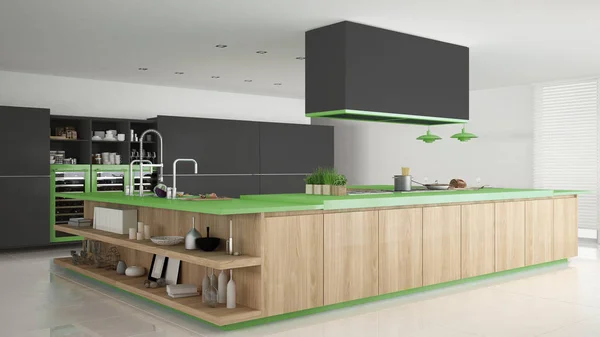 Cucina minimalista grigia con dettagli in legno e verde, minimale — Foto Stock