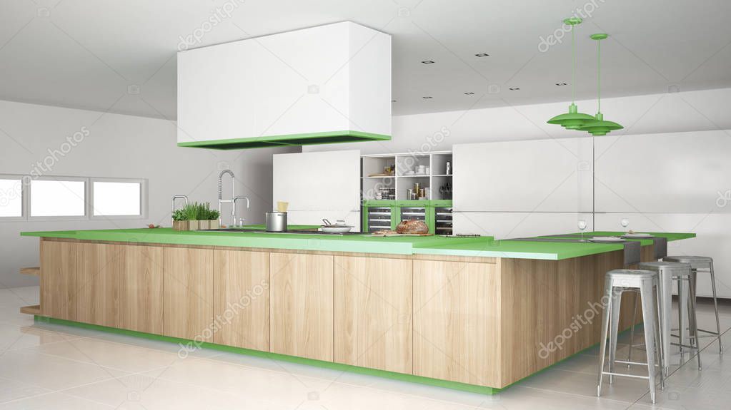 Minimalistic white kitchen with wooden and green details, minima