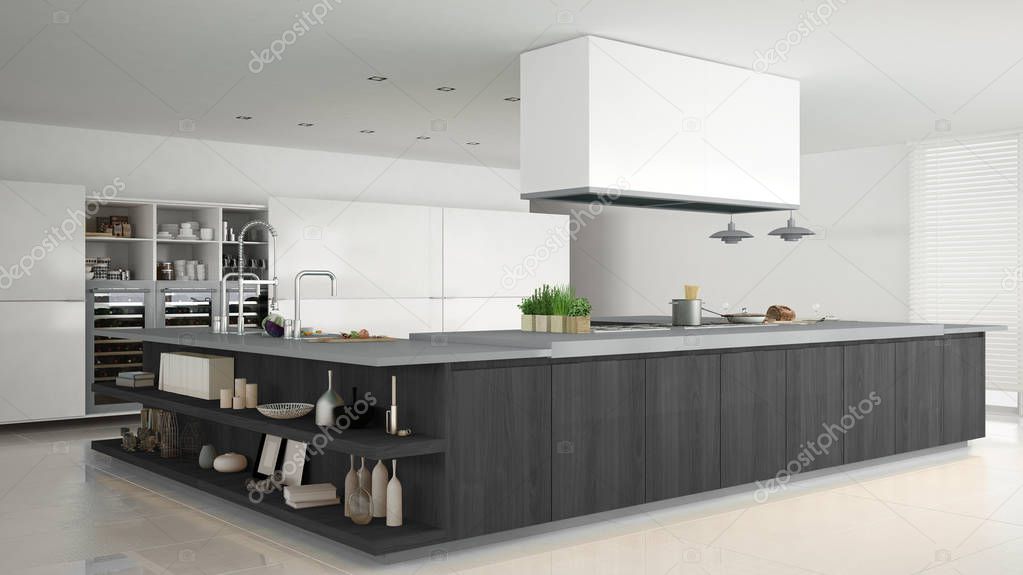 Minimalistic white kitchen with wooden and gray details, minimal