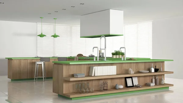 Minimalista fehér konyha, fából készült és zöld részleteit, minimumok — Stock Fotó