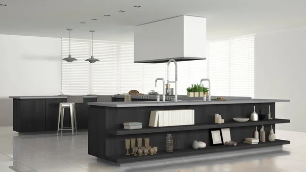 Cucina minimalista bianca con dettagli in legno e grigio, minimale — Foto Stock