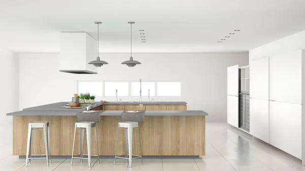 Minimalista cocina blanca con detalles de madera y gris, mínimo — Foto de Stock