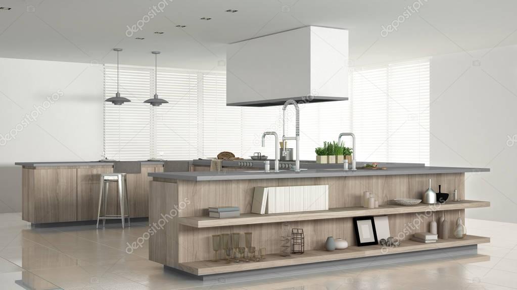 Minimalistic white kitchen with wooden and gray details, minimal