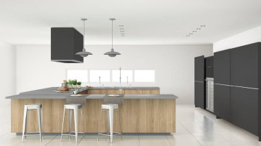 Ahşap ve gri ayrıntıları, en az ile minimalist gri mutfak 