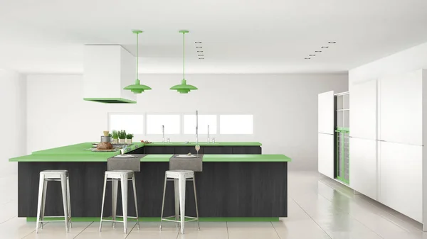Мінімалістична біла кухня з дерев'яними і зеленими деталями, мініма — стокове фото