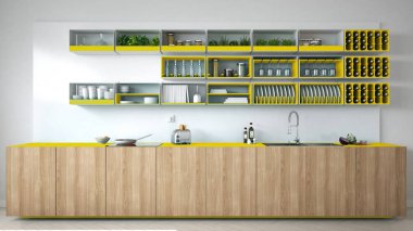 İskandinav beyaz mutfak ahşap ve sarı ayrıntılarla birlikte görülme