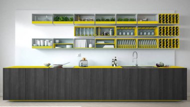 İskandinav beyaz mutfak ahşap ve sarı ayrıntılarla birlikte görülme