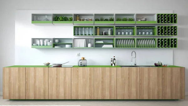 Σκανδιναβική λευκή κουζίνα με ξύλινα και πράσινες λεπτομέρειες, ΜΗΝΥΜΑ — Φωτογραφία Αρχείου