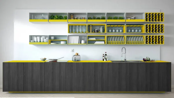 Σκανδιναβική κουζίνα λευκή με ξύλινα και κίτρινες λεπτομέρειες, ημιτόνιο — Φωτογραφία Αρχείου