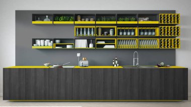 Ahşap ve sarı ayrıntılarla, minima İskandinav gri mutfak