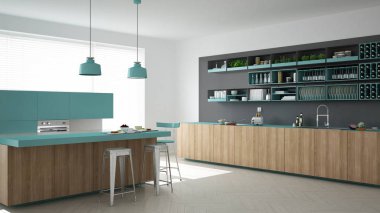 İskandinav gri mutfak ayrıntılarla, ahşap ve turkuaz min