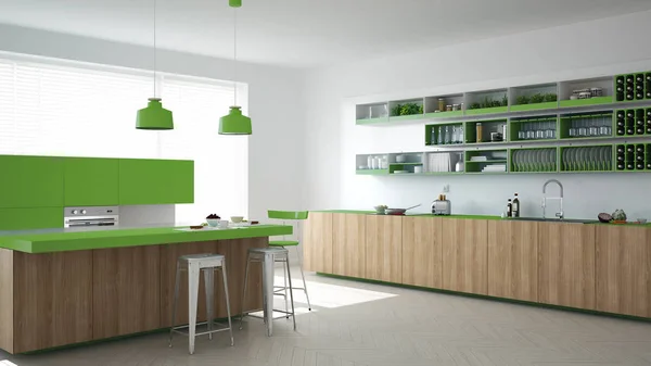 Scandinavische witte keuken met houten en groene details, minima — Stockfoto