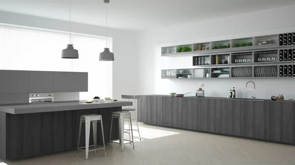 Scandinavische witte keuken met houten en grijze details, minimale — Stockfoto