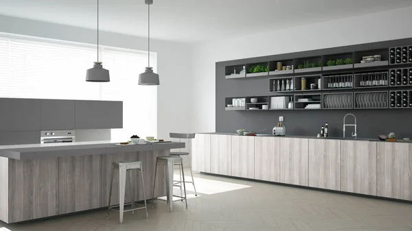 Cozinha cinza escandinavo com detalhes de madeira e cinza, minimali — Fotografia de Stock