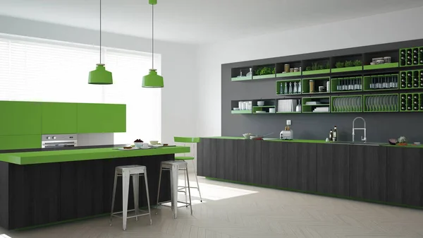 Cucina grigio scandinavo con dettagli in legno e verde, minimale — Foto Stock