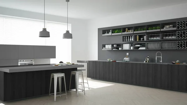 Scandinavische grijze keuken met houten en grijze details, minimali — Stockfoto