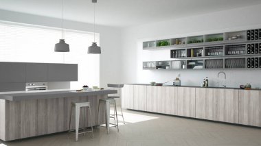 İskandinav beyaz mutfak ahşap ve gri detayları, en az