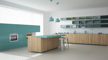 İskandinav beyaz mutfak ahşap ve turkuaz detayları, mi