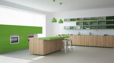 Ağaç ve yeşil ayrıntılarla, minima İskandinav beyaz mutfak