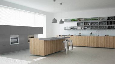 İskandinav beyaz mutfak ahşap ve gri detayları, en az