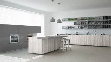 İskandinav beyaz mutfak ahşap ve gri detayları, en az