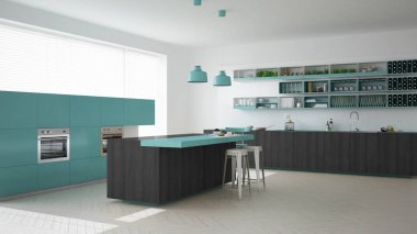 İskandinav beyaz mutfak ahşap ve turkuaz detayları, mi