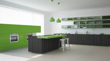 Ağaç ve yeşil ayrıntılarla, minima İskandinav beyaz mutfak