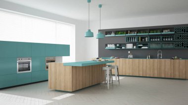 İskandinav gri mutfak ayrıntılarla, ahşap ve turkuaz min