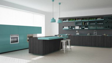 İskandinav gri mutfak ayrıntılarla, ahşap ve turkuaz min