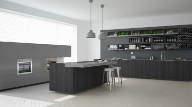 İskandinav gri mutfak ahşap ve gri ayrıntılarla, minimali