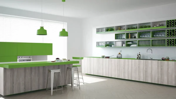 Skandinaviskt vitt kök med trä och gröna detaljer, minima — Stockfoto