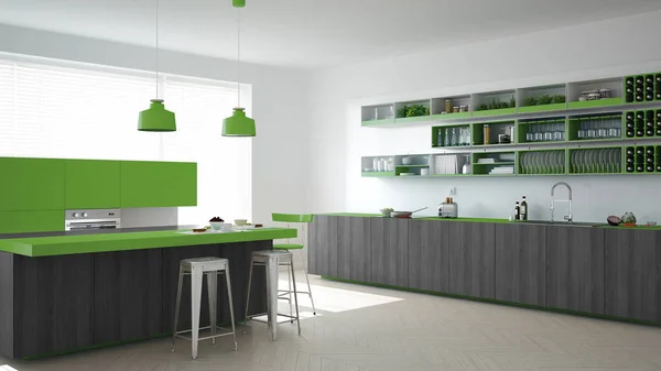 Skandinaviskt vitt kök med trä och gröna detaljer, minima — Stockfoto