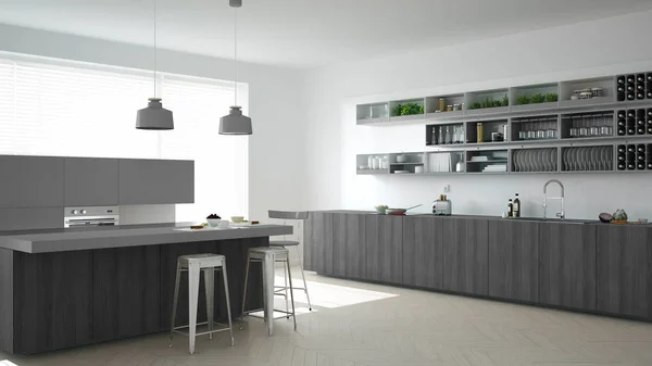 Cozinha branca escandinava com detalhes de madeira e cinza, mínimo — Fotografia de Stock