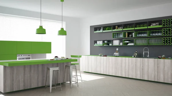 Cozinha cinza escandinavo com detalhes de madeira e verde, mínimo — Fotografia de Stock