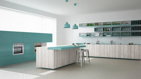 Scandinavian white kitchen with wooden and turquoise details, mi