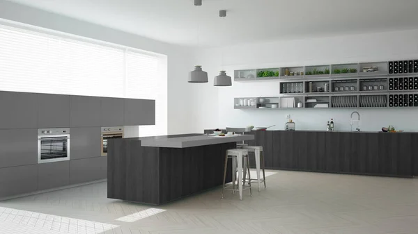 Cozinha branca escandinava com detalhes de madeira e cinza, mínimo — Fotografia de Stock