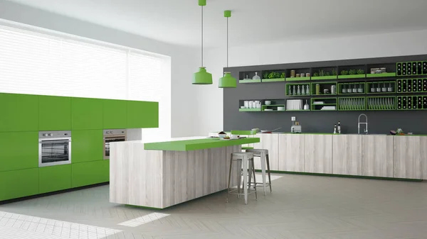 Cucina grigio scandinavo con dettagli in legno e verde, minimale — Foto Stock