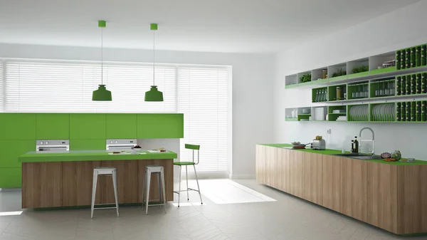 Cucina bianca scandinava con dettagli in legno e verde, minimi — Foto Stock