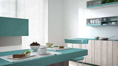 Ahşap ve turkuaz ayrıntılarla, ve minimalist beyaz mutfak