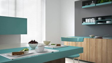 Minimalist gri mutfak ahşap ve turkuaz ayrıntılarla, sebze