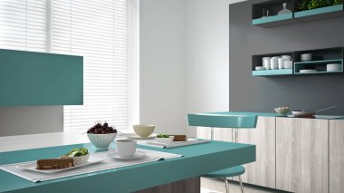 Minimalist gri mutfak ahşap ve turkuaz ayrıntılarla, sebze